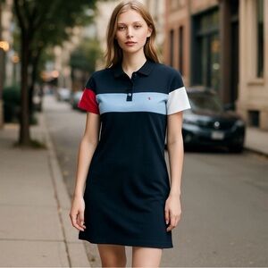 Tommy Hilfiger Women's Large Navy Blue Red & White Knit Knee Length Casual Dress